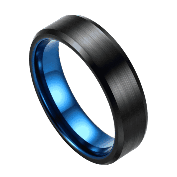 Men’s tungsten ring with a brushed black centre, polished black bevelled edges, and a bright blue interior, shown as a personalised men’s wedding band