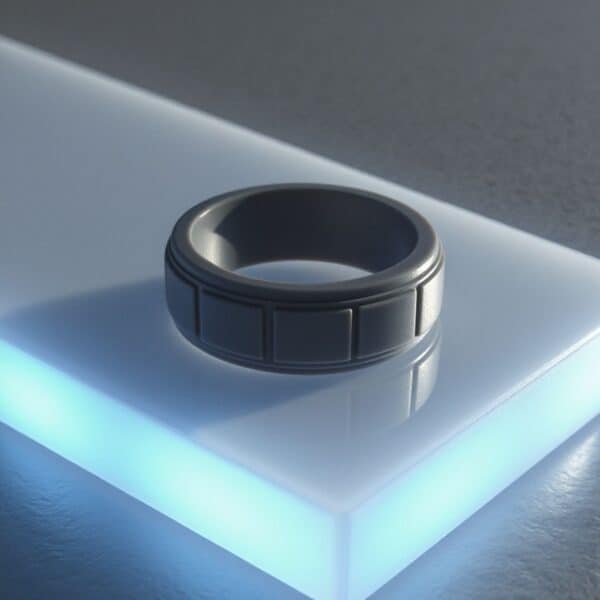 Stylish charcoal grey mans silicone ring with block pattern. A flexible ring designed as a mens wedding band, gents promise ring, or active sports ring for guys.