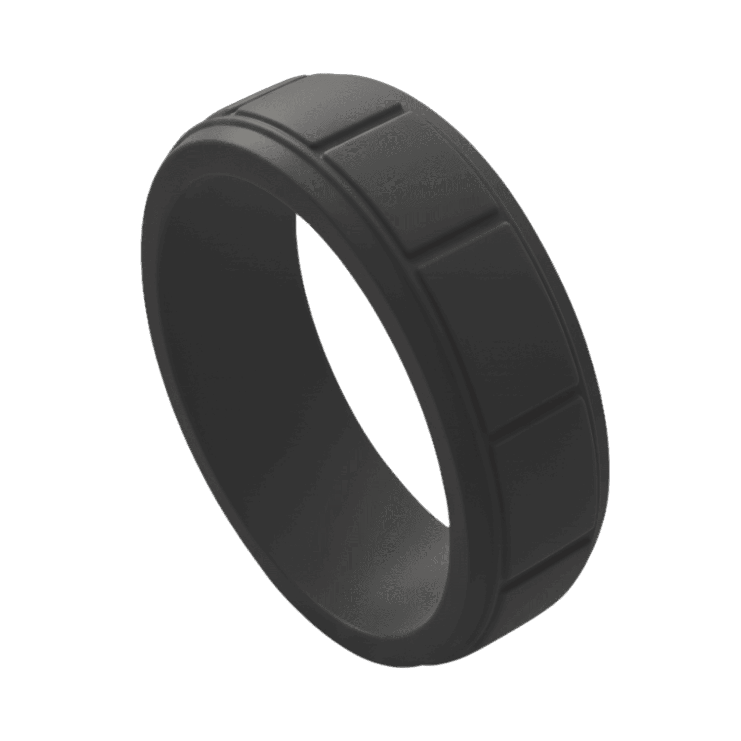 Charcoal grey silicone ring for men with block pattern. A durable mens wedding band, male engagement ring, or gents eternity ring, flexible and stretchy.