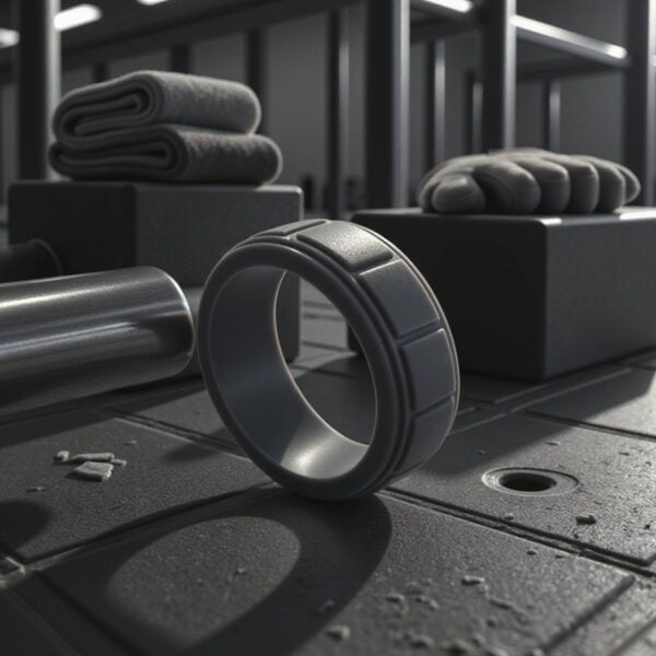 Active charcoal grey sports silicone ring for men with block pattern. A safe and flexible male engagement ring, gents eternity ring, or mans band.