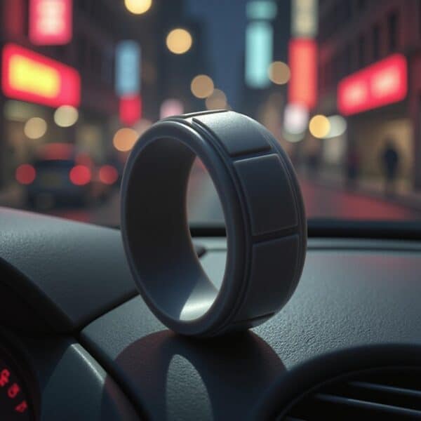 Classic gents charcoal grey silicone ring with block pattern. Strong, flexible, and stylish as a mens wedding ring, stretchy band, or fashion statement ring.