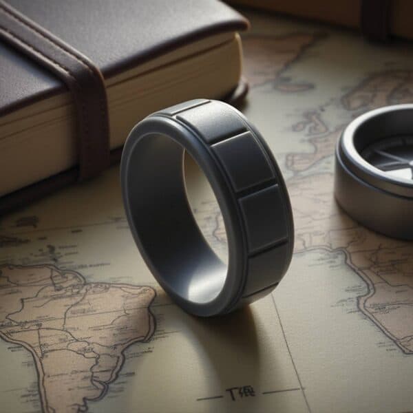 Modern mens charcoal silicone band with block pattern. Perfect as a male wedding ring, gents eternity ring, promise ring, or bold fashion statement ring.