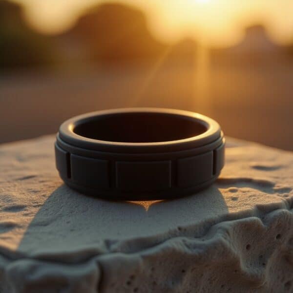 Stylish black mans silicone ring with block pattern. A flexible ring designed as a mens wedding band, gents promise ring, or active sports ring for guys.