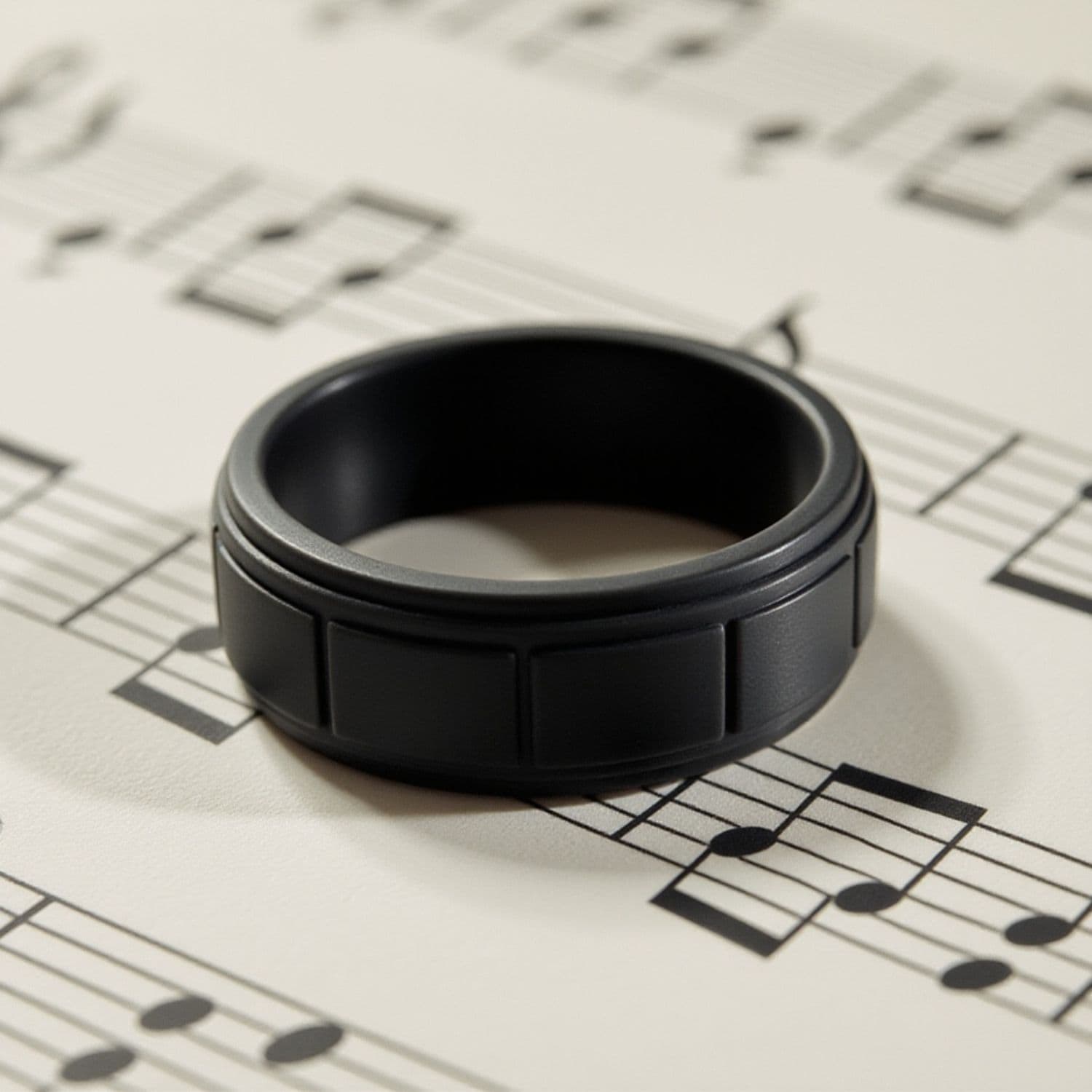 Modern mens black silicone band with block pattern. Perfect as a male wedding ring, gents eternity ring, promise ring, or bold fashion statement ring