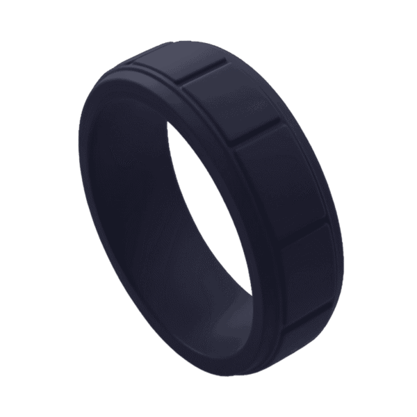 Navy blue silicone ring for men with block pattern. A durable mens wedding band, male engagement ring, or gents eternity ring, flexible and stretchy.
