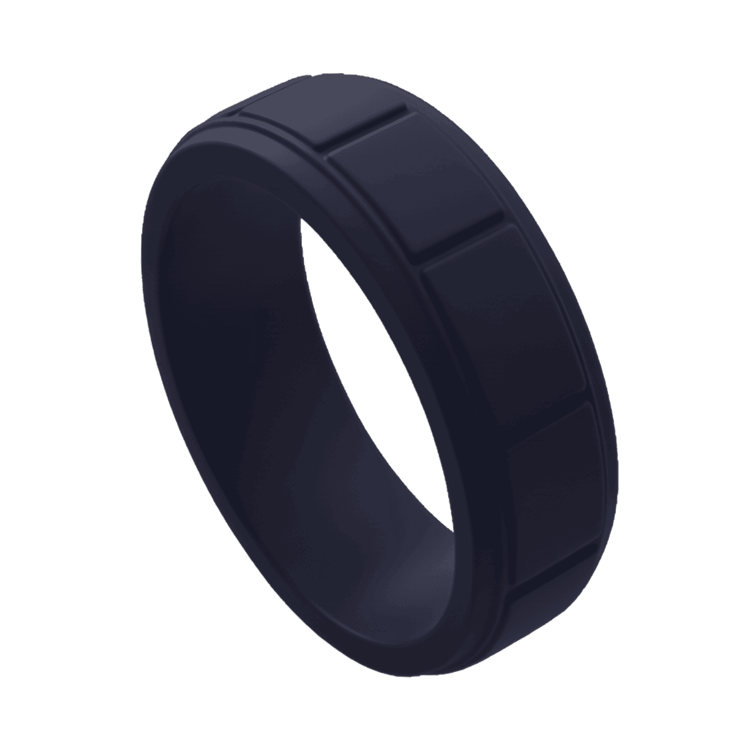 Navy blue silicone ring for men with block pattern. A durable mens wedding band, male engagement ring, or gents eternity ring, flexible and stretchy.