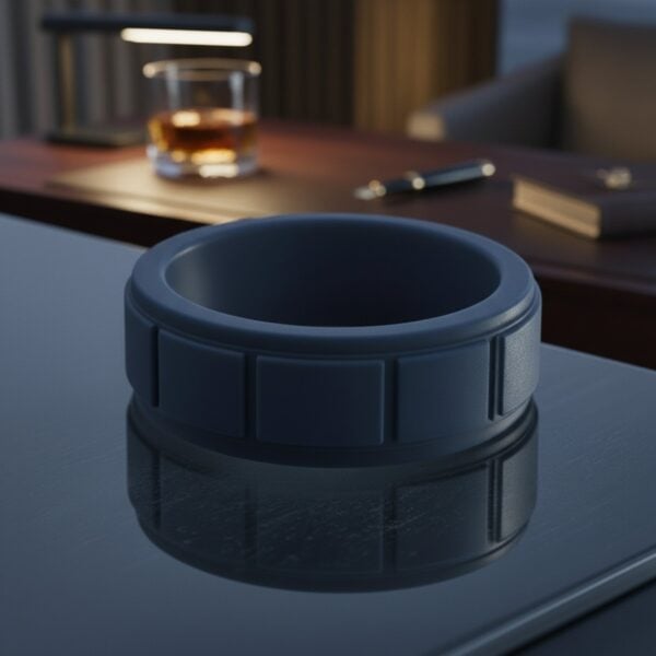 The perfect ring for sports and exercise, a black silicone band with block pattern. Ideal as a mens wedding band or male engagement ring for him.