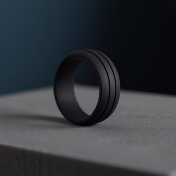 Durable black flexible silicone band for him with double grooves. Great as a mens wedding band, male engagement ring, or timeless gents promise ring.