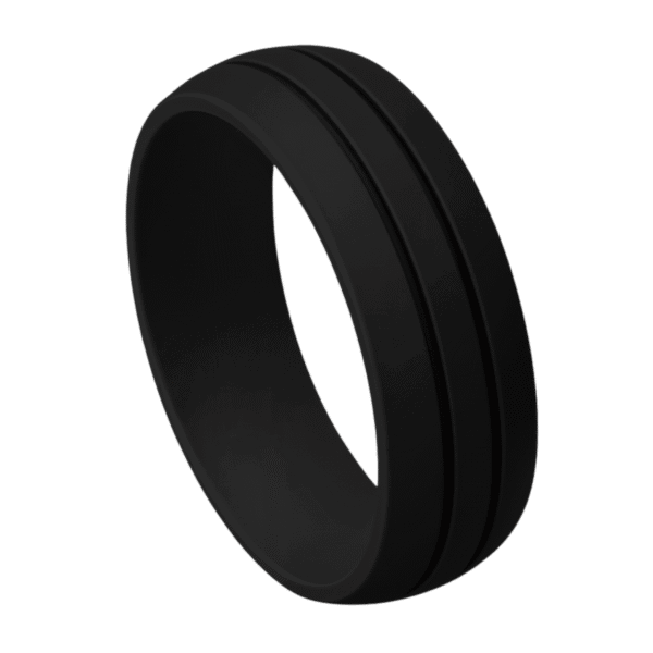 Black silicone ring for men with double grooves. Ideal as a mens wedding band, male engagement ring, or gents eternity ring, flexible and stretchy