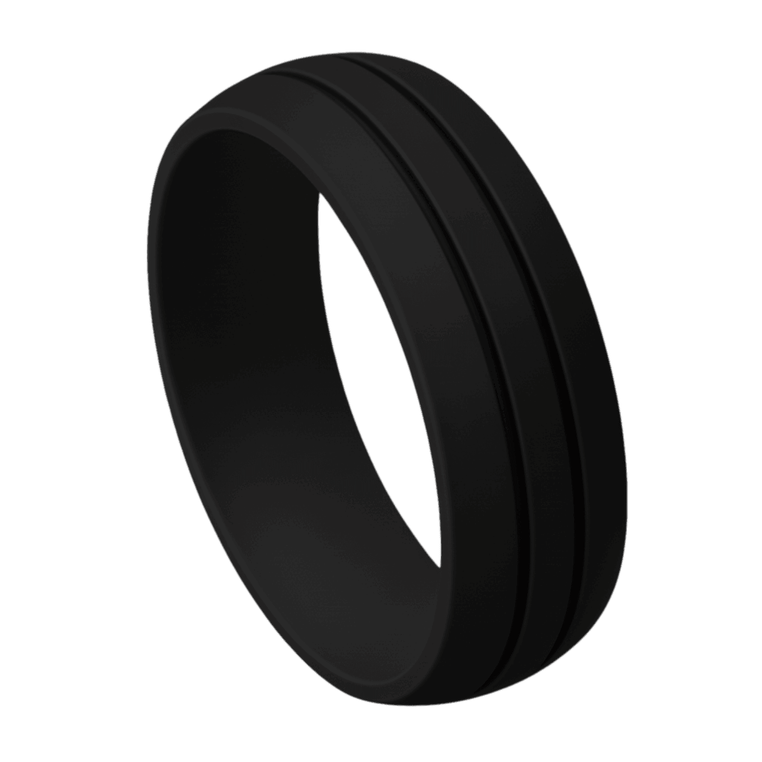 Black silicone ring for men with double grooves. Ideal as a mens wedding band, male engagement ring, or gents eternity ring, flexible and stretchy