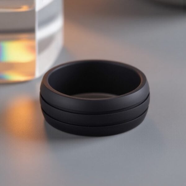 Contemporary mans black silicone ring with double grooves. Durable mens wedding band, gents eternity ring, or sleek fashion ring for him.