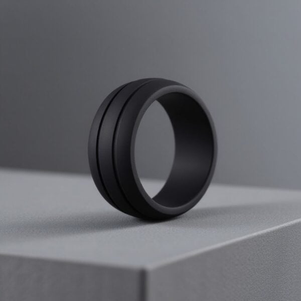Modern mens black silicone band with double grooves. Perfect male wedding ring, versatile gents eternity ring, or everyday fashion statement ring.