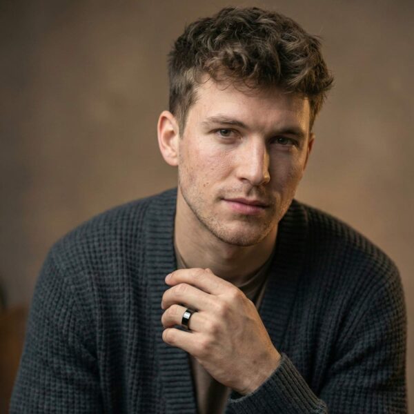 A young man sits in a relaxed pose. Wearing a dark grey cardigan, he is wearing a black tungsten ring. Flat and minimalist in style, the ring has a polished finish.