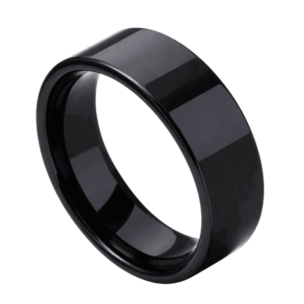An elegant flat style black ring made with tungsten.