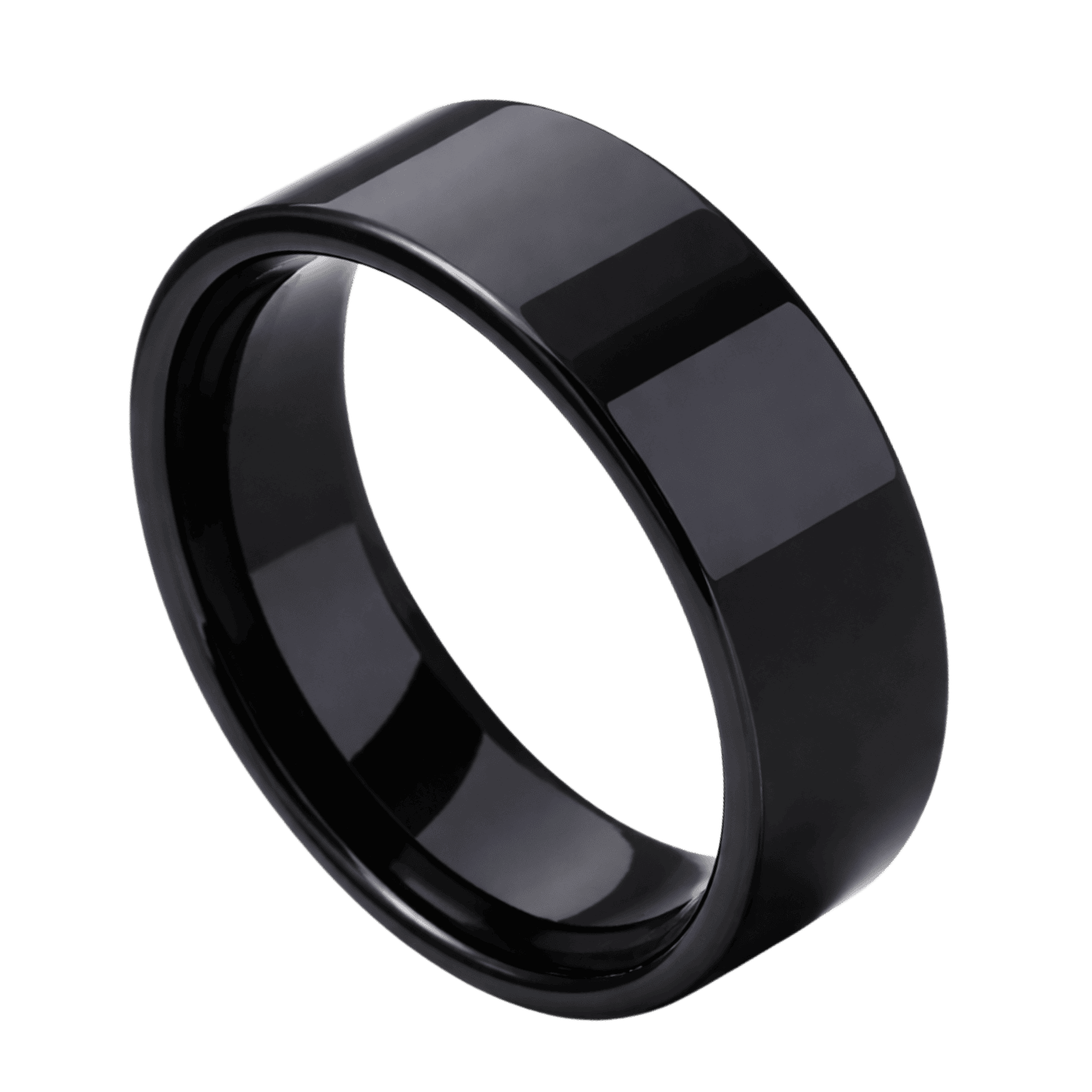 An elegant flat style black ring made with tungsten.