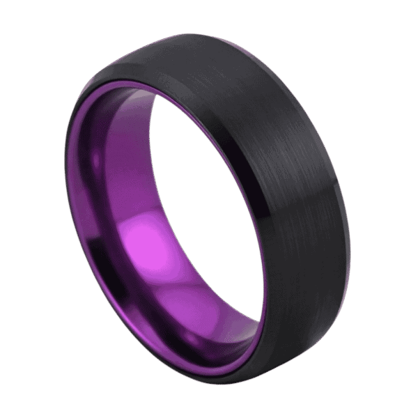 A close up image of a mans ring. It is a black ring that has a brushed flat surface and a polished edge. The interior of the ring is polished purple.