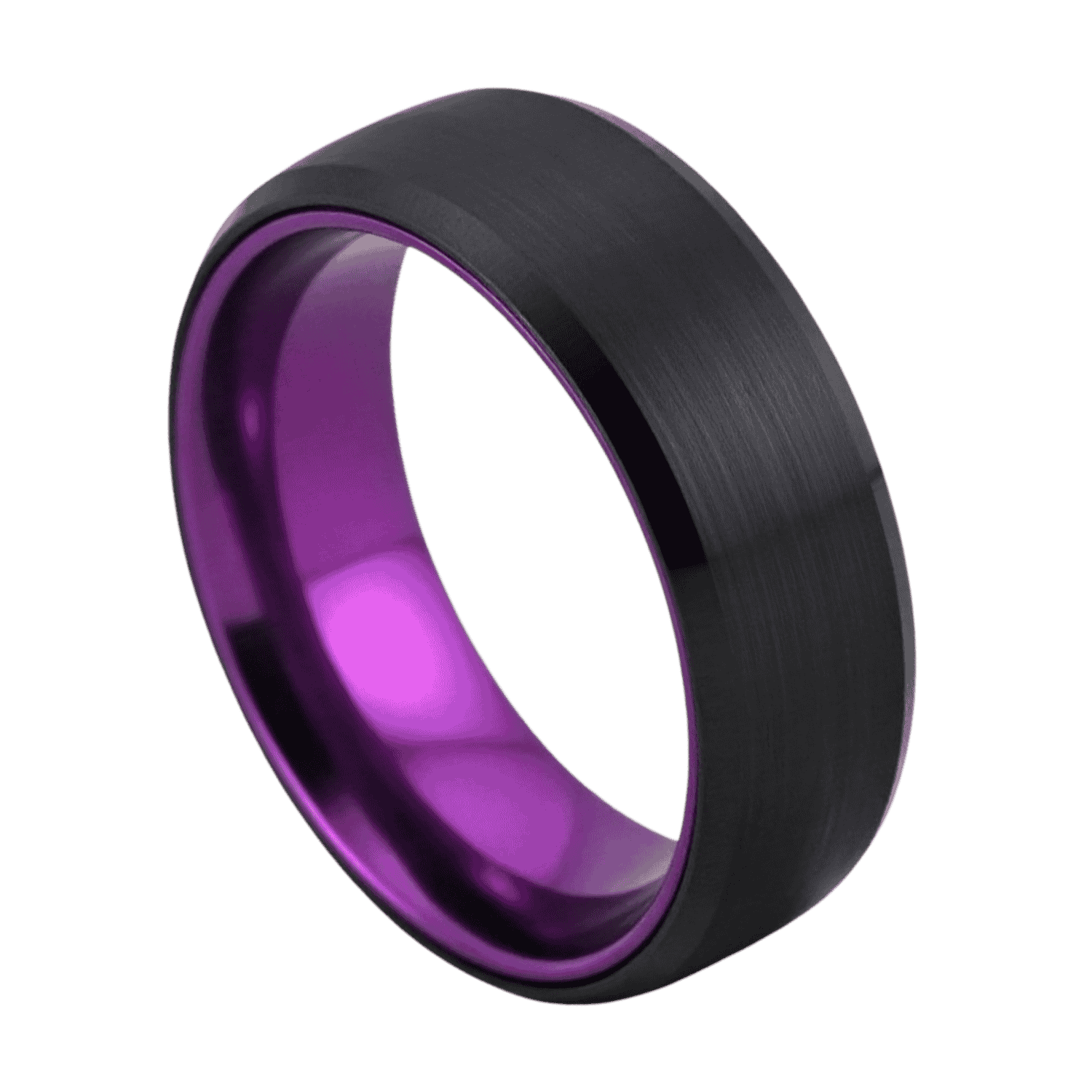 A close up image of a mans ring. It is a black ring that has a brushed flat surface and a polished edge. The interior of the ring is polished purple.