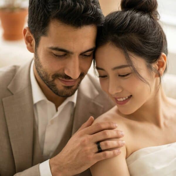 A newly married couple are captured on camera as they share a private moment together. They both smile as hie puts his arms around his shoulder. On his wedding finger, he wears a black tungsten ring that has a brushed centre and polished bevelled edges. The interior of the ring is vivid purple.