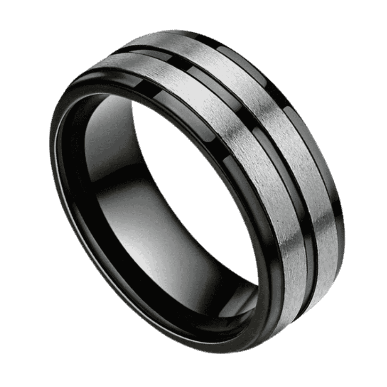 Men’s titanium ring in black and silver with polished black finish and brushed silver sections, shown as a personalised men’s wedding band.