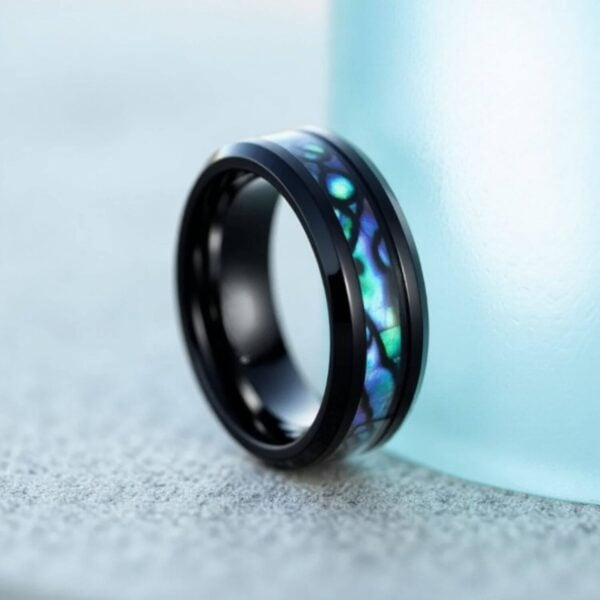 Promise ring for Men with Abalone shell, unique pattern and set within a black titanium gents ring