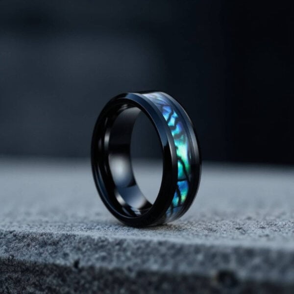 Fashionable wedding band for men with intricate pattern - Black titanium male ring featuring abalone shell