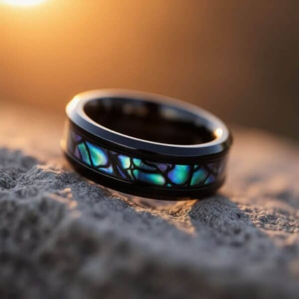 Men's Black ring with abalone shell inlay perfect as a male engagement ring, mens wedding band or as a fashion statement ring for gents.