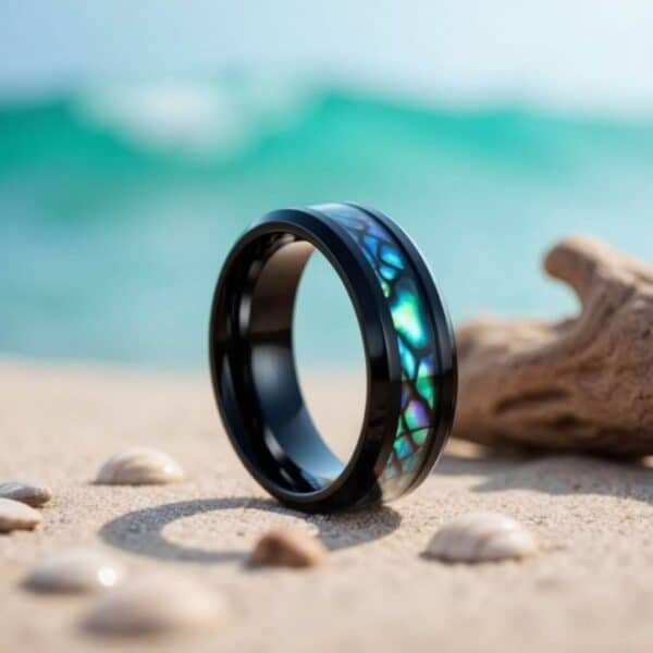 Personalised Promise ring made from Titanium featuring an abalone shell inlay