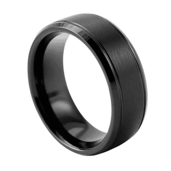 Mens black tungsten ring with a brushed centre and polished bevelled edges, shown as a personalised men’s wedding band.