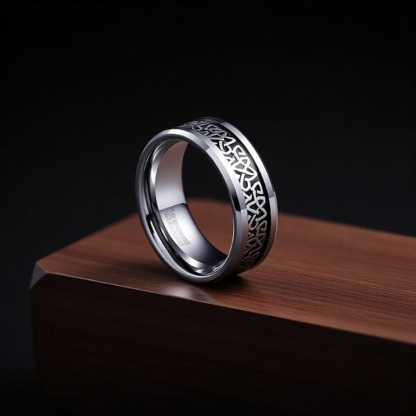 Polished silver Celtic knot wedding band on wooden surface, intricately designed ring, high-quality craftsmanship, perfect for special occasions and matrimonial ceremonies.