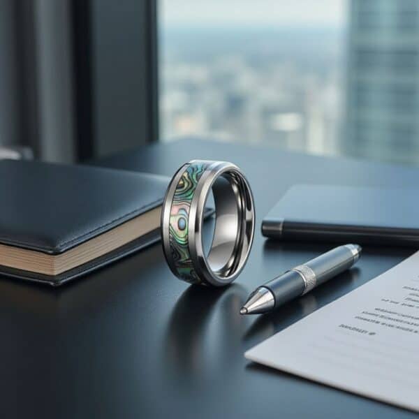 Men’s titanium fashion ring with abalone shell inlay — sleek, durable, and engravable