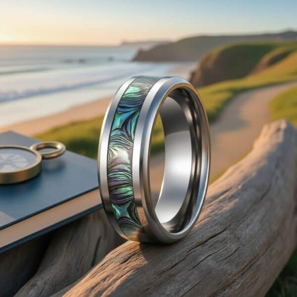 Men’s shell titanium statement ring with silver edges — personalised engraving available.