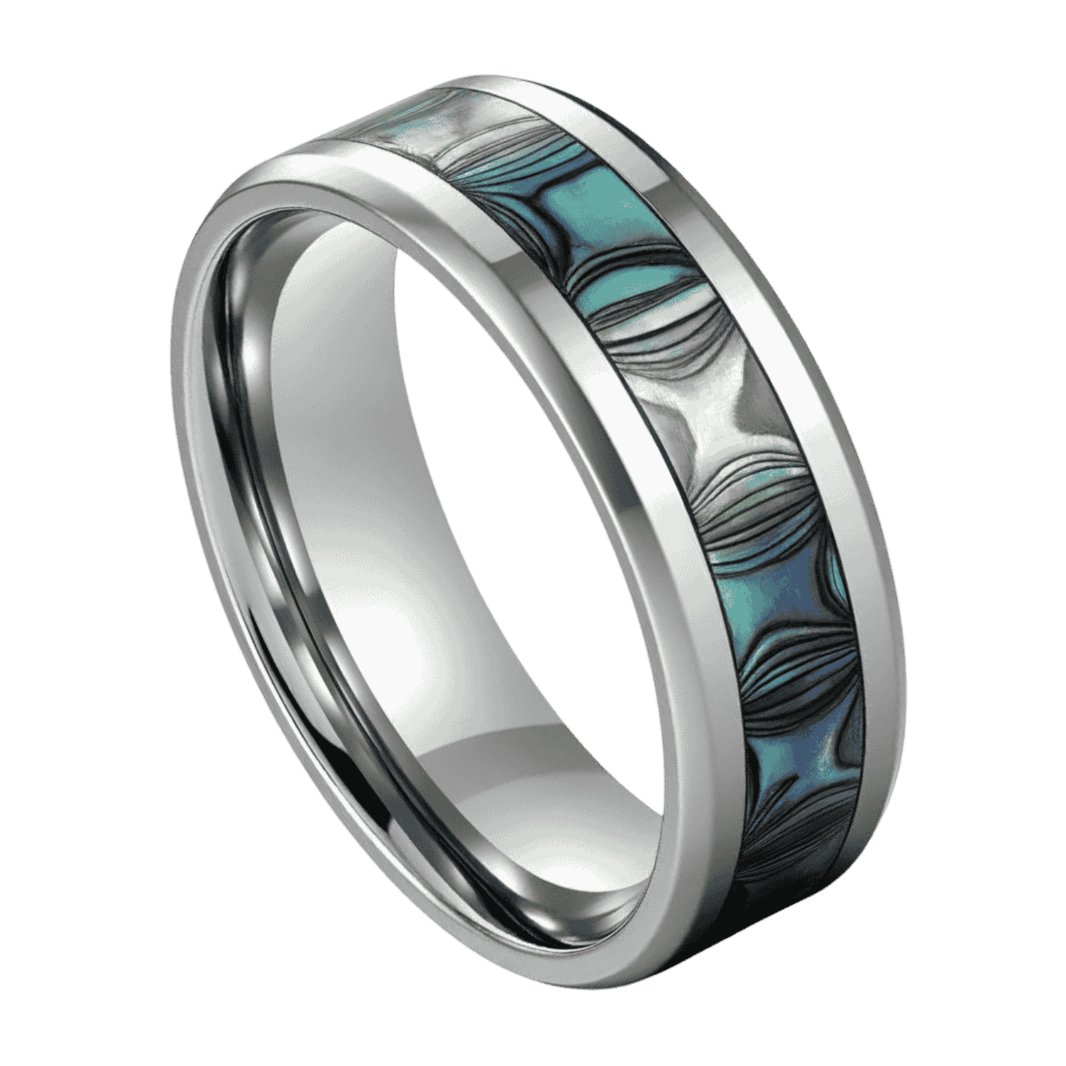 Men’s titanium wedding band with abalone shell inlay — polished silver edges and custom engraving for him.