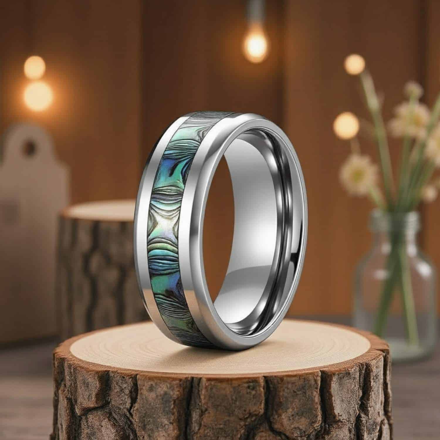 Silver and abalone shell men’s titanium ring — elegant, durable, and perfect as a wedding band or gift.