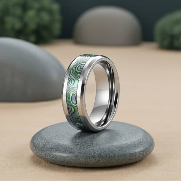 Titanium men’s promise ring with abalone shell inlay and polished edges — engravable for him.