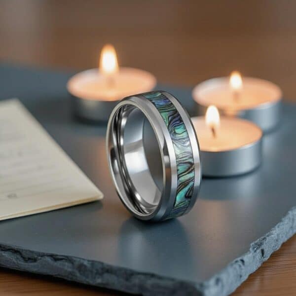 Titanium abalone shell ring for men — elegant eternity or wedding band with custom engraving.