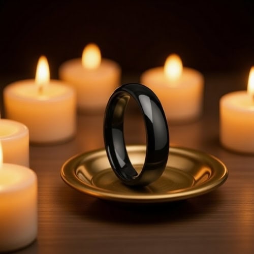 Black men’s titanium ring with a sleek domed design, suitable as a male wedding or engagement ring for him.