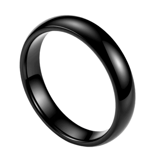 Men’s polished black titanium ring with a slim 4mm domed profile, shown as a personalised men’s wedding band.