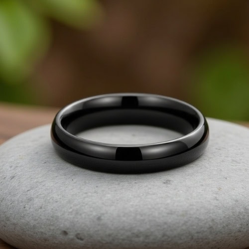 Men’s titanium ring in polished black, worn as a promise ring or stylish fashion statement ring.