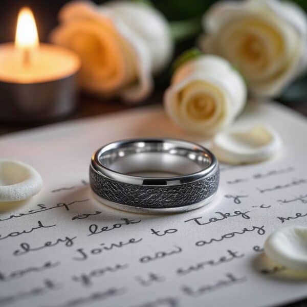 A striking male wedding band featuring silver tungsten and faux meteorite