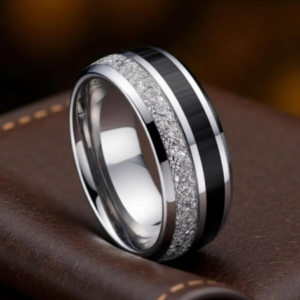 Men’s silver tungsten ring with faux meteorite and carbon fibre inlay, versatile eternity ring, promise ring, or fashionable band for guys.