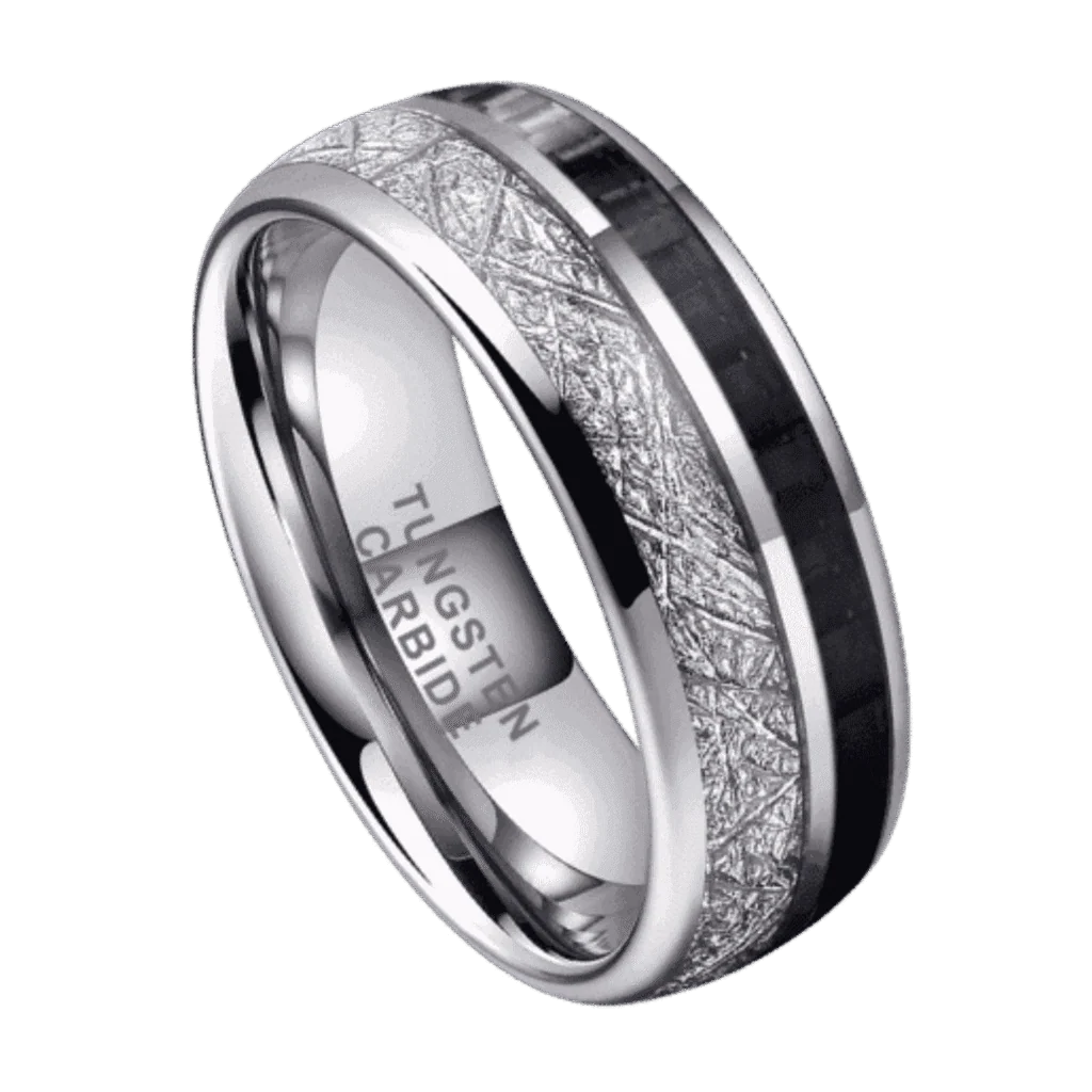 Men’s tungsten wedding band with faux meteorite and black carbon fibre inlay, perfect male engagement ring or gents statement ring for him