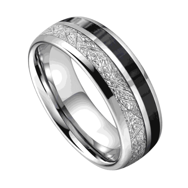 A zoomed in image of a silver tungsten ring on a white background. Set within the ring are inlays of silver faux meteorite and black carbon fibre. Slightly domed in shape, this is an innovative mens ring.