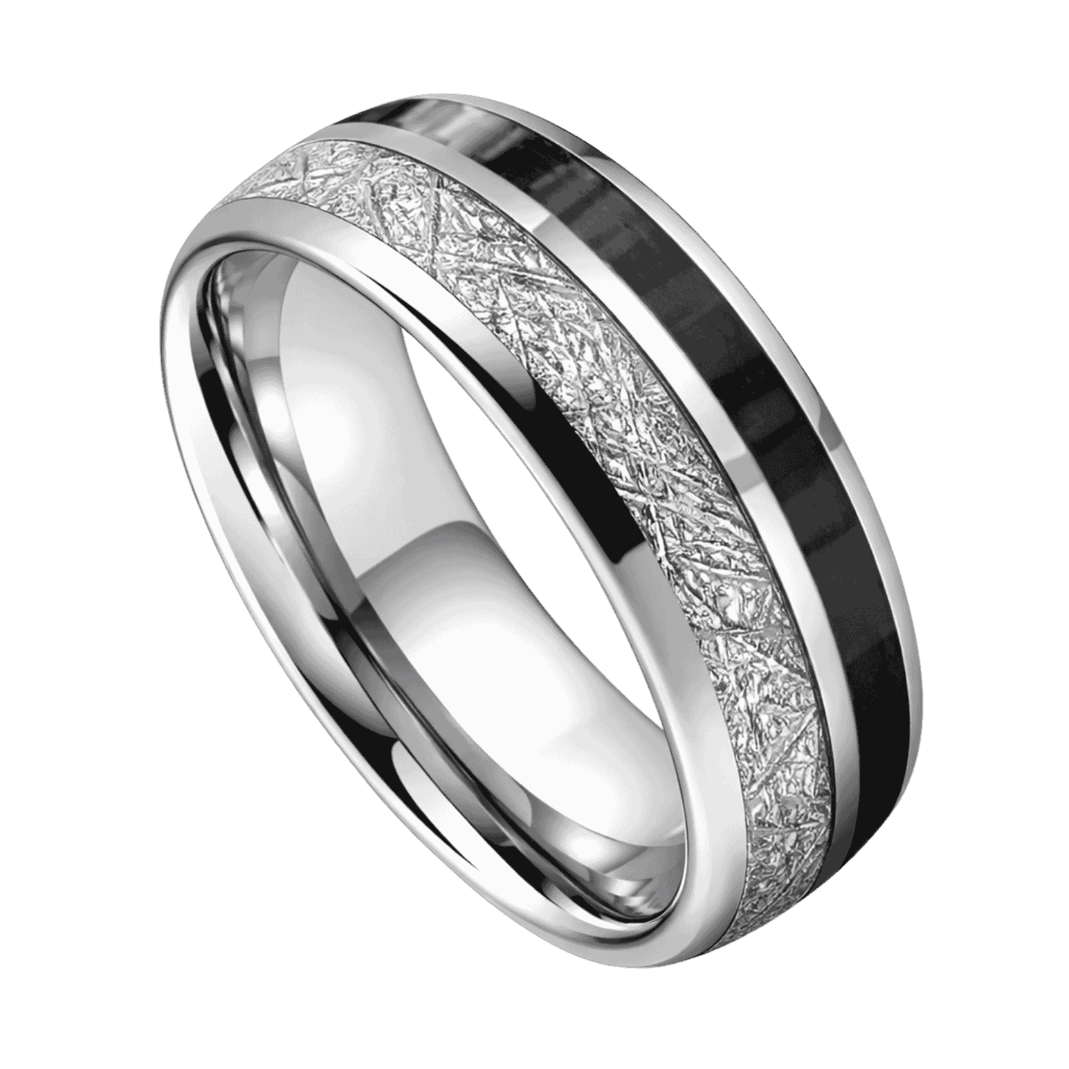 A zoomed in image of a silver tungsten ring on a white background. Set within the ring are inlays of silver faux meteorite and black carbon fibre. Slightly domed in shape, this is an innovative mens ring.