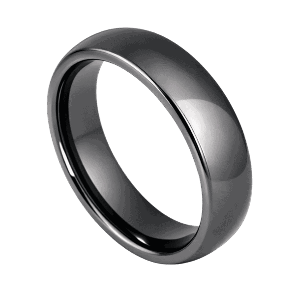 A slightly domed tungsten ring on a white background. It is a classic wedding band shape and is gunmetal grey in colour. It has a polished finish.