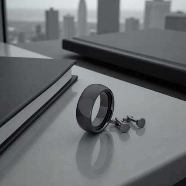 The Protector polished gunmetal grey tungsten eternity ring for men with custom engraving.