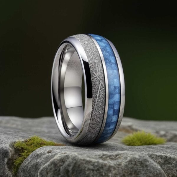 8mm tungsten ring for men with blue carbon fibre and meteorite inlay, durable wedding or engagement band.