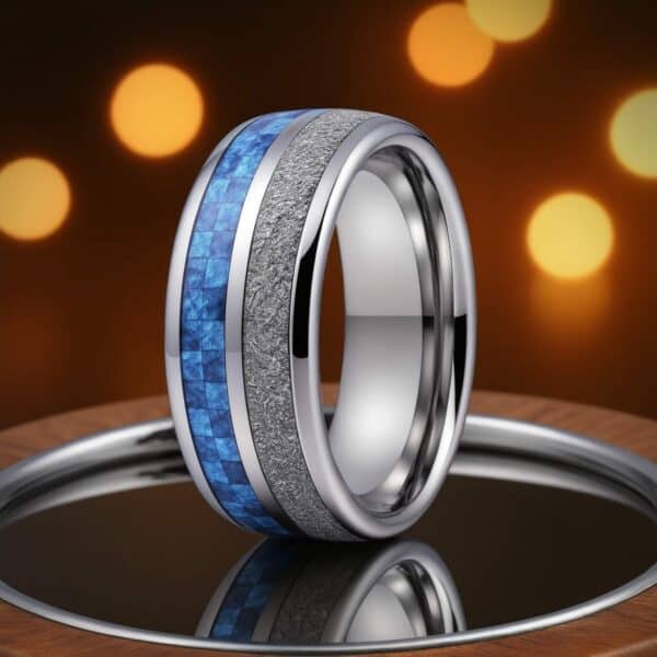 Blue carbon fibre and meteorite men’s tungsten ring, polished silver 8mm wedding or promise band for him.