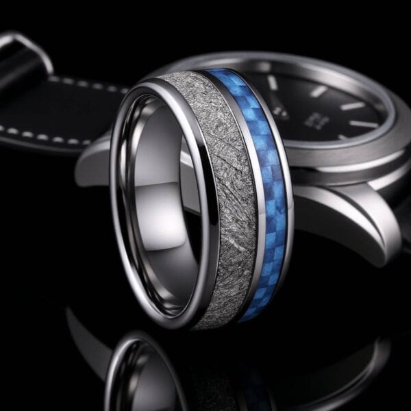 Trailblazer men’s tungsten ring in silver with blue carbon fibre and meteorite, 8mm promise or eternity ring for him.