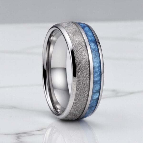 Men’s Trailblazer tungsten ring with blue carbon fibre and meteorite inlay, silver 8mm wedding or engagement band for guys.