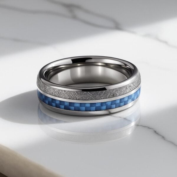 Trailblazer men’s tungsten ring with meteorite and blue carbon fibre inlay, polished 8mm wedding or eternity band for gents.